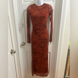 NWT sincerly Jules sheer overlay Floral Long Sleeve cutout Dress viral orange